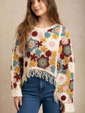 House of Harlow 1960 Multicoloured Jane Crocheted Poncho/Shrug with fringe.
